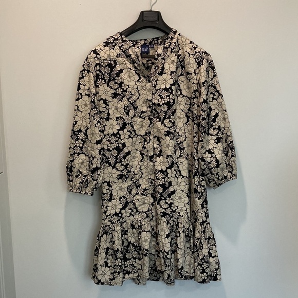 Gap Beige Black Floral BabyDoll Dress Medium Tall - Picture 11 of 14